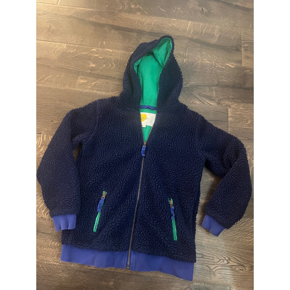 Boden Kids Blue Sherpa Fleece Zip Up Hoodie‎ Jacket Green Trim 9-10Y